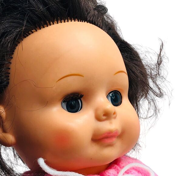 VTG Baby Doll Knit Pjs Pompom Track Suit Open Shut Sleepy Eyes Hong Kong Creepy - Picture 4 of 8